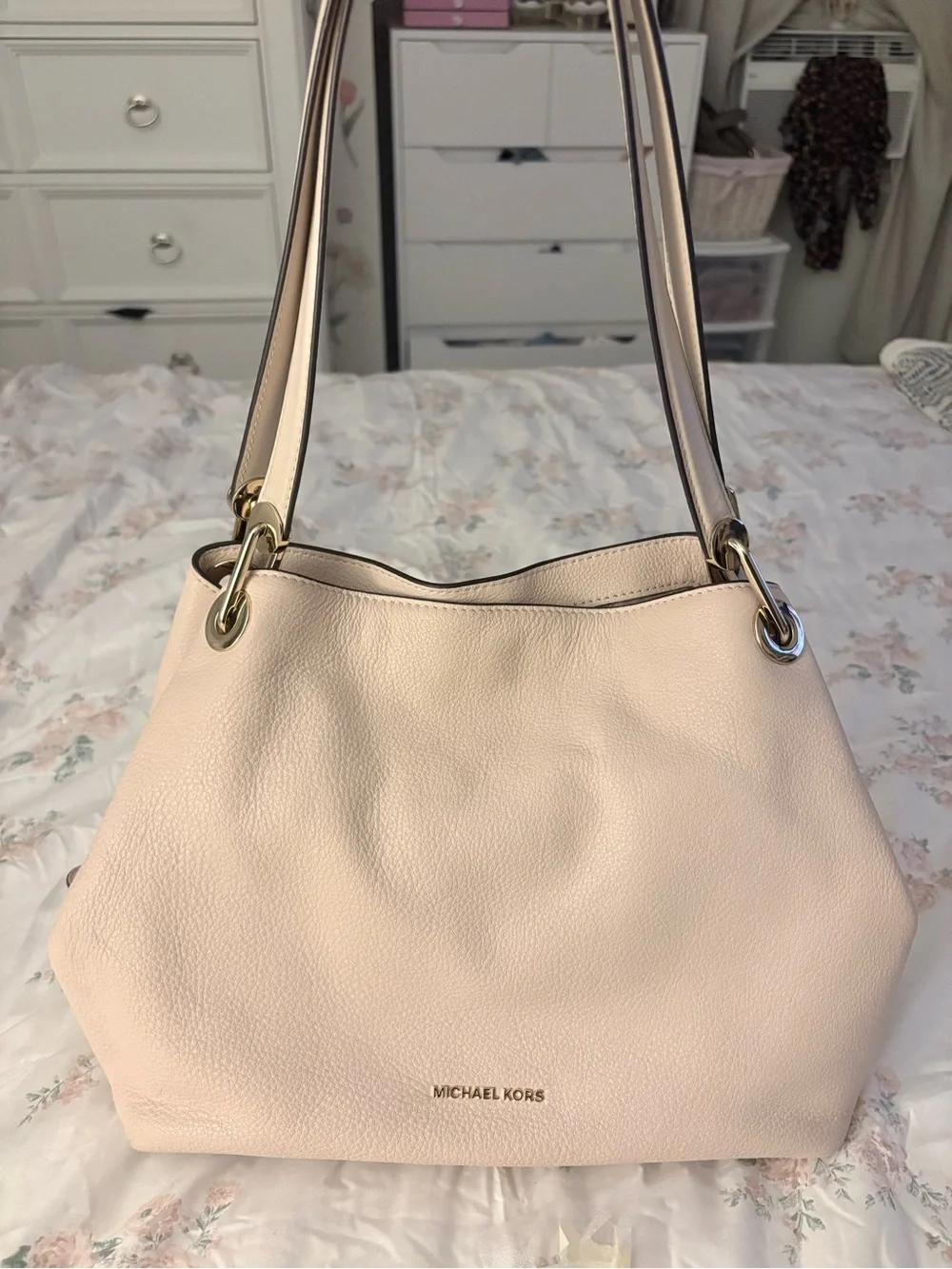 Michael Kors Pale Pink Pebbled Leather Shoulder Bag with Gold Hardware